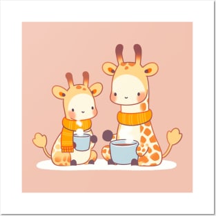 Giraffe family having hot chocolate Posters and Art